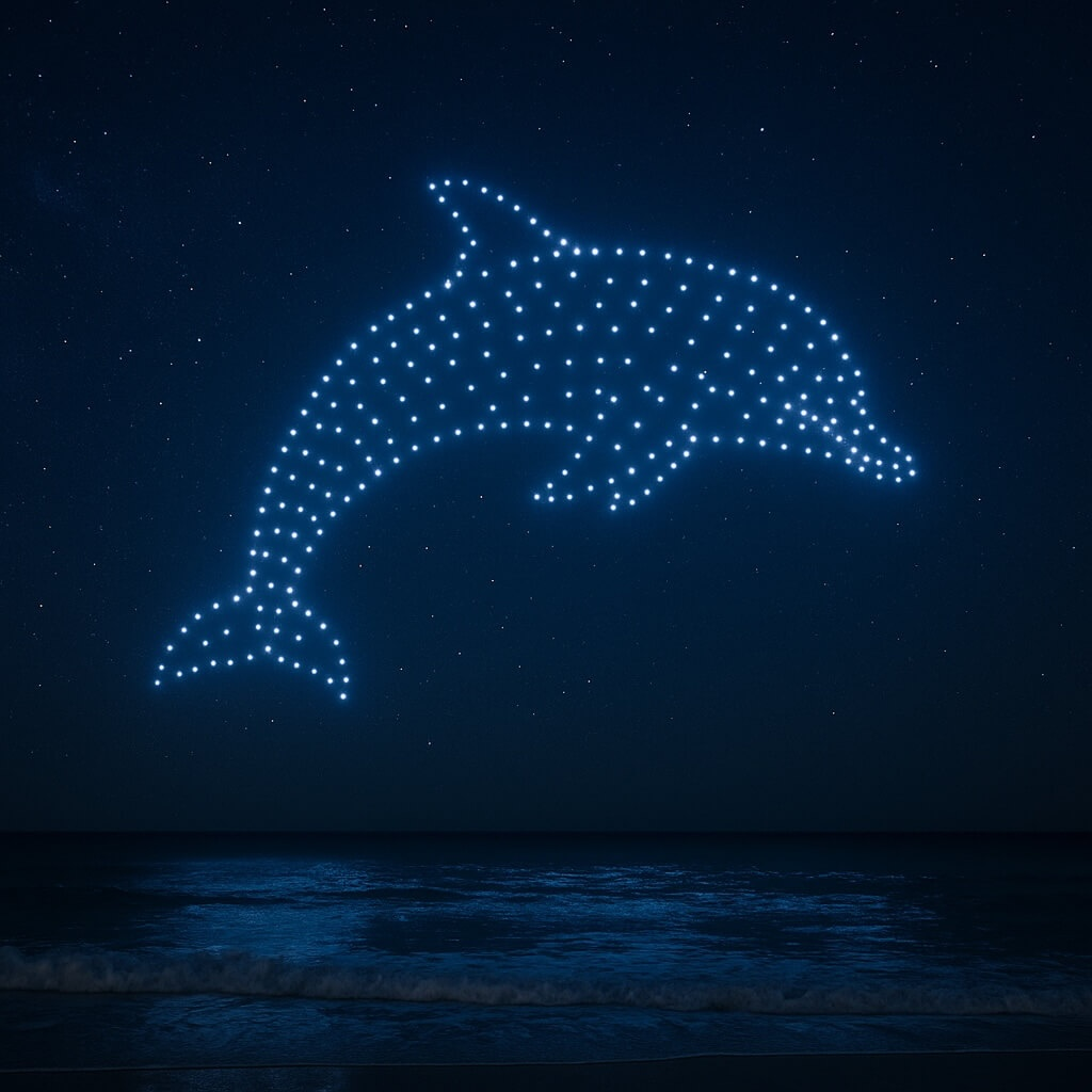 Eco-friendly drone show with dolphins in the sky